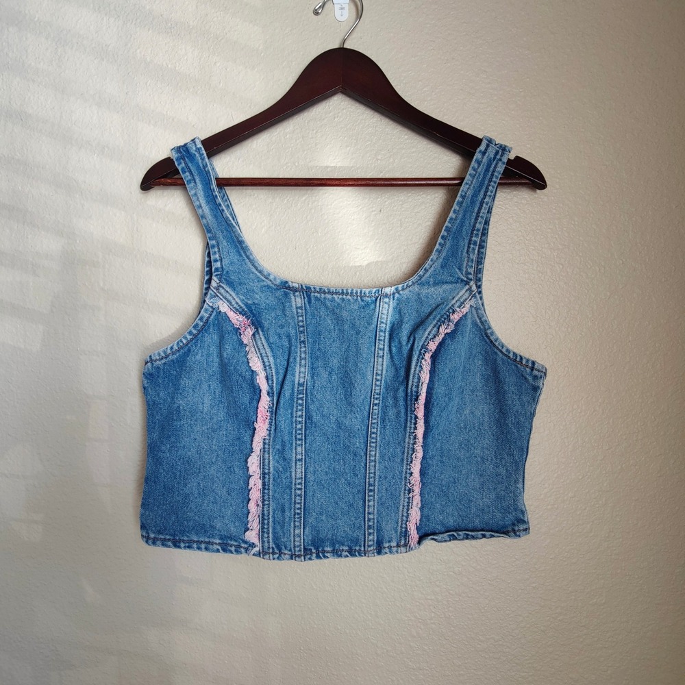 Vintage 90s Lee Denim Corset Bustier Crop Top Pink Frayed Trim Festival Large